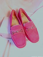 Bright pink suede loafers with silver bit and rhinestone accent, inside a soft box with pink background.