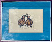 Front view of framed Norval Morrisseau print titled "Serenity" showing two stylized birds and butterfly, signed by artist.