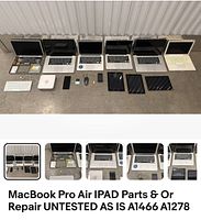 Full lot layout showing 6 MacBook laptops lined up, 4 iPads, Apple keyboards, mouse, and other accessories on the floor.