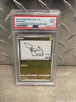 Front view of the 2021 Japanese Pikachu Pokémon card featuring Yu Nagaba artwork, graded PSA 9 Mint, displayed in PSA slab.