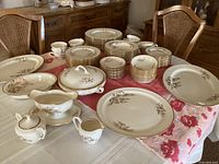 Overview of full set laid out on table showing plates, bowls, cups and serving pieces