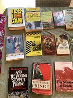 Top view of the 17 books laid flat showing their front covers and spines