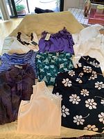 Photo showing 10 assorted blouses and pullovers laid flat, various colors and styles including Max Aviland vintage blouses and men's sweaters.