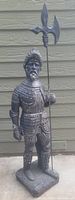Full view of the 30-inch tall conquistador statue standing upright with halberd.