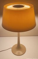 The lamp turned on showing a warm beige light from the conical shade and round base.