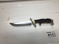 Full view of the carving knife showing stainless steel blade and black handle with metal accents.