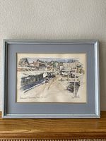 Full view of the framed watercolor painting of 1905 Placerville Main Street by Carl Martin, showing detailed historical street scene with buildings, vehicles, and signage.