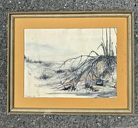 Frontal image of framed colored pencil landscape drawing showing entire artwork and frame.
