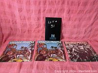 Three Village People vinyl LPs on a pink cloth background, including two identical colorful tropical-themed albums and one black and white album cover.