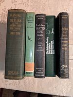 Five vintage books standing upright showing spines: Manual of the Flora of the Northern States & Canada (Britton, 1907), Field Guide to Western Birds (Peterson, 1961), Audubon Water Bird Guide (Richard H. Pough, 1951), Audubon Bird Guide Eastern Land Birds (Richard Pough, 1946) with ex-library marks, and another Audubon guide.