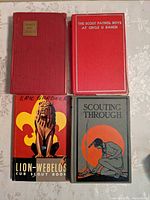 Top view of four vintage Boy Scout related books arranged in two rows of two on patterned fabric: Banner Boy Scouts On A Tour with red cover, The Scout Patrol Boys at Circle U Ranch with red cover, Lion-Webelos Cub Scout Book with illustrated dust jacket, and Scouting Through with gray cover and orange illustration.