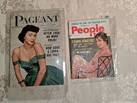 Photo showing both magazines, Pageant November 1956 with a woman in a green dress on the cover, and People Today September 1957 with a woman sitting on a chair on the cover.