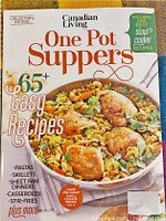 Front cover of 'One Pot Suppers' cookbook featuring a skillet with chicken and rice dish, highlighting over 65 easy recipes for various cooking methods.