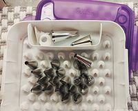 Open view of 24 steel cake decorating tips arranged in purple Wilton case's plastic insert with individual slots for each tip, showing various shapes including star, round, and petal tips.