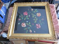 Full view of the framed needle felting floral artwork measuring 25 1/2 inches square with ornate gold frame