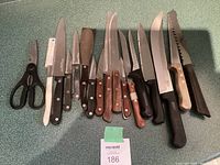 Wide shot of all kitchen cutting utensils including knives with varied handles and scissors displayed on counter