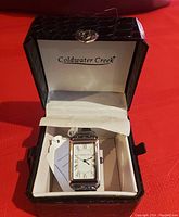 Coldwater Creek watch inside open jeweller's box on red surface