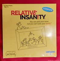 Front of the game box for Relative Insanity showing title, tagline, and sample sticker.