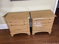 Front view of the two pine end tables showcasing the drawers and handles.