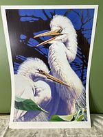 Full view of the signed and numbered poster showing two white birds with a blue and black background.