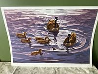 Framed poster showing geese and goslings on water, signed and numbered by Richard Stanley