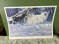 Full view of vintage poster showing polar bear with cubs in snow-covered forest setting, signed and numbered 10/45, size 20x14.5 inches.
