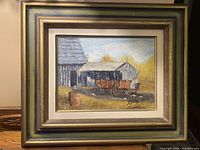 Frontal full view of the oil painting in its frame showing barn, wagon, and chickens in a rural scene.