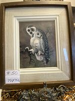 Full view of the vintage owl print in shadow box frame showing the estimated dimensions and frame details.