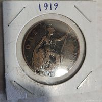 Front side showing Britannia with 'ONE PENNY' and date 1919.