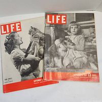 Two Life magazine issues from 1946 and 1947 with covers visible showing a woman with cat and a girl with dog.