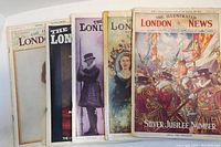 Five vintage issues of The Illustrated London News magazine laid out showing covers from 1930s to 1960s, including Silver Jubilee Number.