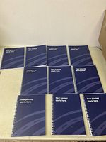 Photo showing 10 blue promotional spiral notebooks arranged and lying flat showing the front cover with the text 'Your journey starts here.'