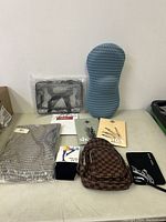 Photo showing all items in the lot including pillow, purse, tights, cosmetic case, and a clear plastic bag