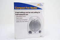 Box of the Royal Sovereign Compact Fan Heater HFN-03 with product features and specifications printed on it.