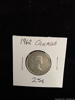 Obverse side of 1962 Canadian quarter showing Queen Elizabeth II's profile.