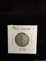 Obverse side of the 1963 Canadian silver quarter showing Queen Elizabeth II profile and inscriptions.