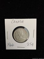 Obverse side of the 1966 Canadian quarter showing Queen Elizabeth II portrait with inscriptions on the coin.