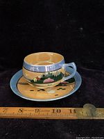 Front view of the teacup placed on the saucer, showing the blue and orange lustreware finish with scenic swan design.
