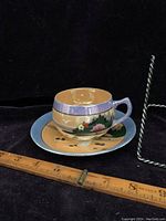 Teacup on saucer with ruler showing size, blue and orange lustreware with painted swan and floral motif.