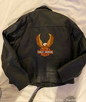 Back view of black leather jacket showing large embroidered eagle with Harley Davidson logo beneath on back panel