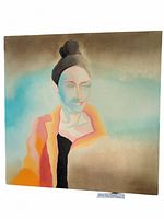 Full view of the oil painting showing stylized female portrait with soft color gradients and artist signature.