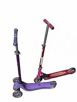Image showing side profile of two scooters: a purple 3-wheel scooter and a red Razor 2-wheel scooter