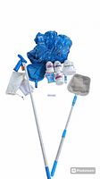 Full set including pool chemicals, blue pool cover, vacuum head with telescopic handle and white bag, and two skimming nets with telescopic handles.