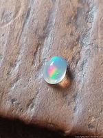 Close-up image of an oval cabochon cut rainbow fire opal on a wooden surface showing vivid multicolor flashes inside the translucent stone.