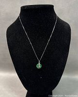 Full view of necklace displayed on a black velvet stand, showing the pendant and chain length.