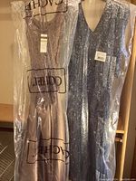 Two beaded gowns covered in plastic garment bags hung on a rail, one mink colored with tags, one blue with tags.