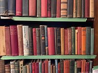 Photo showing rows of antique books with various colored spines and visible titles shelving