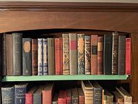 Row of 20 antique books showing condition and titles on the top bookshelf.