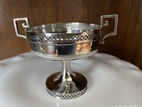 Side view of antique sterling silver candy dish showing its pedestal base, lattice design and square handles
