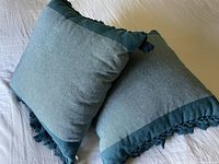 Two blue square Anthropologie throw pillows with tassel fringe on edges, lying on a white bedspread.